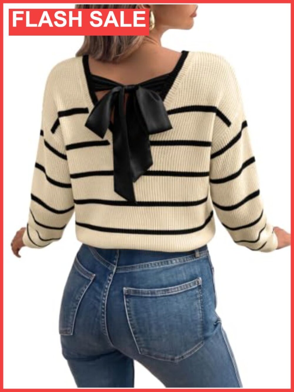 Striped V-Neck Bow Knot Back Pullover Sweater Long Sleeve Knit Top